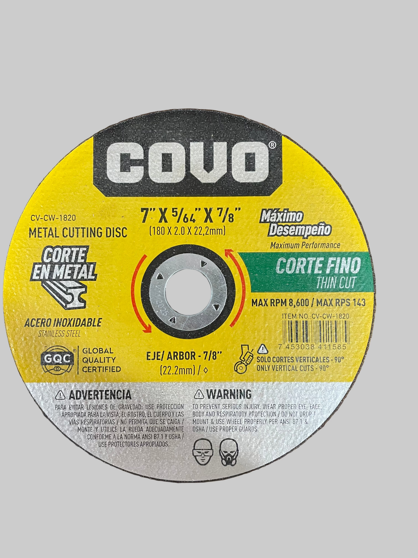 COVO. Disco corte metal fino 7” x 5/64” x 7/8”